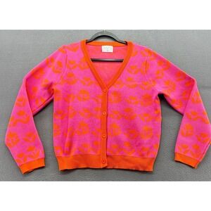 Compania Fantastica Cardigan Sweater Size L Pink Orange Floral Knit Button